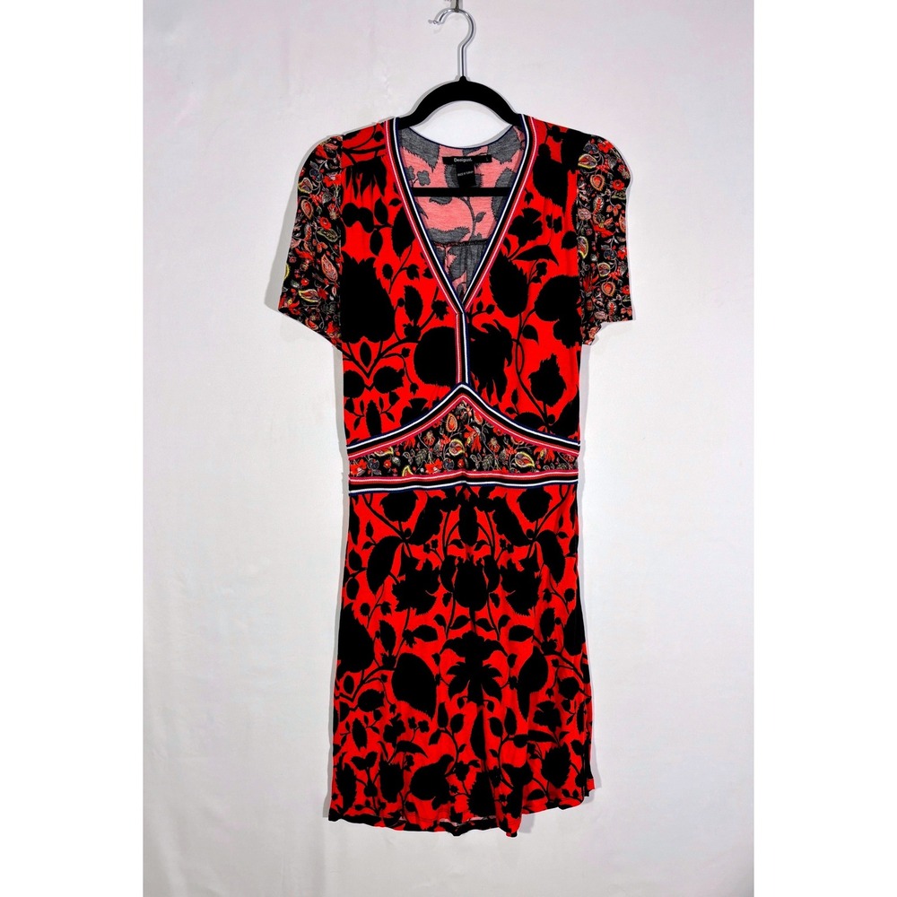 Whimsigoth Boho Floral Paisley Desigual V-Neck Mini Dress Womens Large